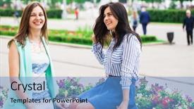  Presentation with two people talking - Colorful PPT theme enhanced with 2 people dialogue - two young women talking backdrop and a teal colored foreground