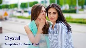  Presentation with two people talking - Amazing PPT layouts having 2 people dialogue - two young women talking backdrop and a lemonade colored foreground