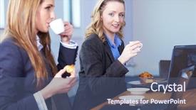  Presentation with conference table microphones - Presentation enhanced with 2 people having coffee - two businesswoman sitting at conference background and a ocean colored foreground