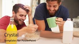  Presentation with temple breakfast - Colorful presentation design enhanced with 2 people having coffee - two male friends enjoying breakfast backdrop and a  colored foreground