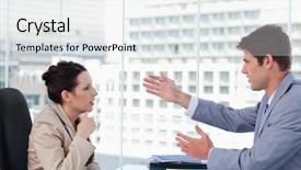  Presentation with negotiating - Amazing presentation theme having 2 people sitting - serious business team negotiating backdrop and a  colored foreground