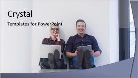  Presentation with mobile technology - Audience pleasing slides consisting of 2 people sitting - startup business and new mobile backdrop and a  colored foreground