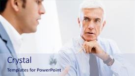  Presentation with discussion - Cool new PPT layouts with 2 people sitting - two businessman in office having backdrop and a light blue colored foreground