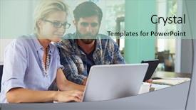  Presentation with working together - Theme enhanced with 2 people sitting - two businesspeople working on laptop background and a mint green colored foreground