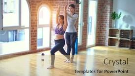  Presentation with warrior - Theme having 2-young-beautiful-sportswomen-practicing background and a coral colored foreground