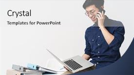  Presentation with eyeglasses - Presentation design featuring 20 - photo of attractive asian man background and a white colored foreground