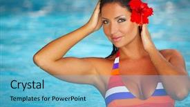  Presentation with indonesia - PPT theme consisting of 20-25 years woman portrait playing in swimming pool at exotic surrounding bali indonesia background and a light blue colored foreground