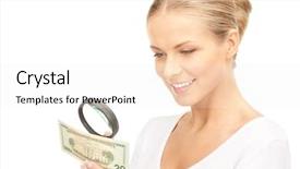  Presentation with magnifying glass - Presentation theme enhanced with 20 dollar bill - lovely woman with magnifying glass background and a white colored foreground