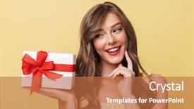  Presentation with long hair - Slide deck featuring photo of gorgeous european girl 20s having long brown hair smiling and what's inside gift box lying at her palm isolated over yellow background background and a red colored foreground