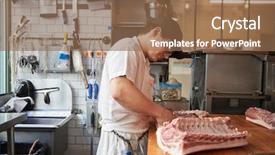  Presentation with butcher shop - Audience pleasing PPT theme consisting of young butcher cutting meat to sell at a butcher's shop backdrop and a coral colored foreground