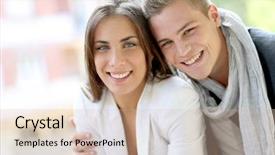  Presentation with small town - Presentation theme with 20 years - cheerful young couple in town background and a lemonade colored foreground