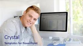  Presentation with 3d man sitting question mark - Colorful presentation design enhanced with 20 years - portrait of young man sitting backdrop and a  colored foreground