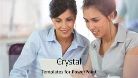  Presentation with working together - Presentation design with 20 years - young business girls working together background and a light blue colored foreground