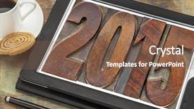  Presentation with digital printing - Cool new presentation with 2015 - new year concept - isolated text in vintage wood type printing blocks on a digital tablet with a cup of coffee backdrop and a tawny brown colored foreground