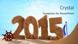  Presentation with footprints and sand beach - Slide deck having 2015 sign on beach sand background and a cool aqua colored foreground