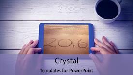  Presentation with footprints and sand beach - Theme with 2016 on sand at beach background and a light blue colored foreground