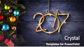  Presentation with aged wood - Theme featuring 2017 happy new year seasonal background with real wood green pine colorful christmas baubles gift boxe and other seasonal stuff over an old wooden aged background background and a tawny brown colored foreground