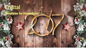  Presentation with pine - PPT theme consisting of 2017 new year frame with green pine colorful baubles knots with berries stars and other seasonal stuff over an old wooden aged background background and a tawny brown colored foreground
