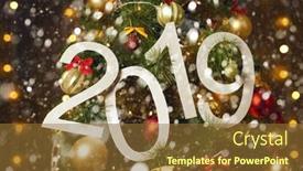  Presentation with 2019 - Slides enhanced with 2019 abstract text on the background of christmas tree and lights - bright holiday backdrop background and a tawny brown colored foreground