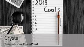  Presentation with new year 2019 - Slide deck with 2019 goals on his notebook background and a  colored foreground