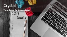  Presentation with new year 2019 - Slide deck enhanced with 2019 goals on his notebook background and a wine colored foreground