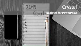  Presentation with new year 2019 - PPT theme with 2019 goals on his notebook background and a gray colored foreground