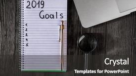  Presentation with new year 2019 - Colorful slide set enhanced with 2019 goals on his notebook backdrop and a dark gray colored foreground