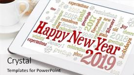  Presentation with new year 2019 - PPT theme enhanced with 2019 greetings card - word cloud background and a light gray colored foreground