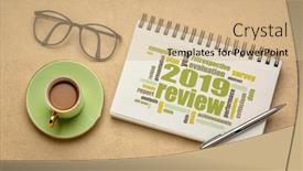  Presentation with summary - Amazing PPT theme having 2019-year-review-word-cloud backdrop and a coral colored foreground