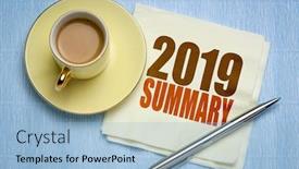  Presentation with summary - Presentation design with 2019-year-summary-text background and a light blue colored foreground