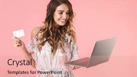  Presentation with credit card - Amazing PPT theme having 20s in dress holding silver backdrop and a coral colored foreground