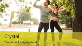  Presentation with joyful - Audience pleasing presentation theme consisting of 20s in sportswear training together backdrop and a yellow colored foreground