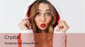  Presentation with christmas girl - Beautiful presentation theme featuring 20s wearing christmas red dress backdrop and a  colored foreground