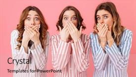  Presentation with women - Colorful presentation design enhanced with 20s wearing colorful striped pajamas backdrop and a lemonade colored foreground