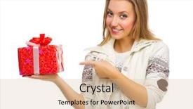  Presentation with gift - Theme with 25 anniversary - young smiling girl with gift background and a  colored foreground