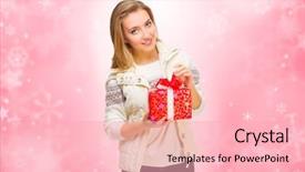  Presentation with gift - Slide set having 25 anniversary - young smiling girl with gift background and a lemonade colored foreground