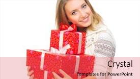  Presentation with boxes - Beautiful PPT layouts featuring 25 anniversary - young smiling girl with gift backdrop and a  colored foreground