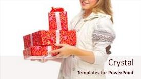  Presentation with boxes - Slide deck with 25 anniversary - young smiling girl with gift background and a  colored foreground