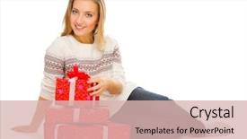  Presentation with boxes - Beautiful presentation design featuring 25 anniversary - young smiling girl with gift backdrop and a  colored foreground