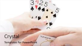  Presentation with deck of playing cards - Colorful presentation theme enhanced with 3 21 - woman hands holding playing cards backdrop and a coral colored foreground