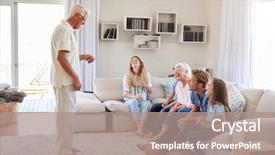  Presentation with generation - Presentation design having 3 act - multi generation family sitting background and a coral colored foreground
