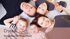  Presentation with displaying a happy mother cudd - PPT theme enhanced with 3 circles - happy family with father background and a coral colored foreground