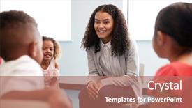  Presentation with children talking - Cool new slide deck with 3 circles - infant school children sitting backdrop and a coral colored foreground