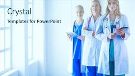  Presentation with three - Slide set featuring 3 circles - portrait of three confident female background and a sky blue colored foreground