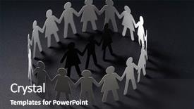  Presentation with people conflict - PPT theme enhanced with 3 circles - three human paper figures surrounded background and a dark gray colored foreground