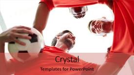  Presentation with soccer - PPT theme featuring 3 circles - three young soccer players looking background and a red colored foreground