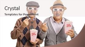  Presentation with active seniors senior e - Cool new PPT theme with 3 d - cheerful seniors wearing 3d glasses backdrop and a light gray colored foreground