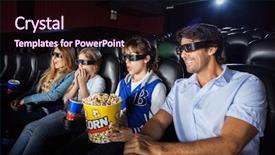  Presentation with movie theater - PPT theme having 3 d - family of four having snacks background and a wine colored foreground