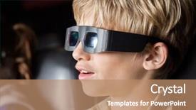  Presentation with movie theater - Cool new slide deck with 3 d house - closeup of boy watching 3d backdrop and a coral colored foreground