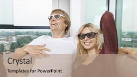  Presentation with thick glasses - Beautiful presentation featuring 3 d house - happy couple wearing 3d glasses backdrop and a coral colored foreground